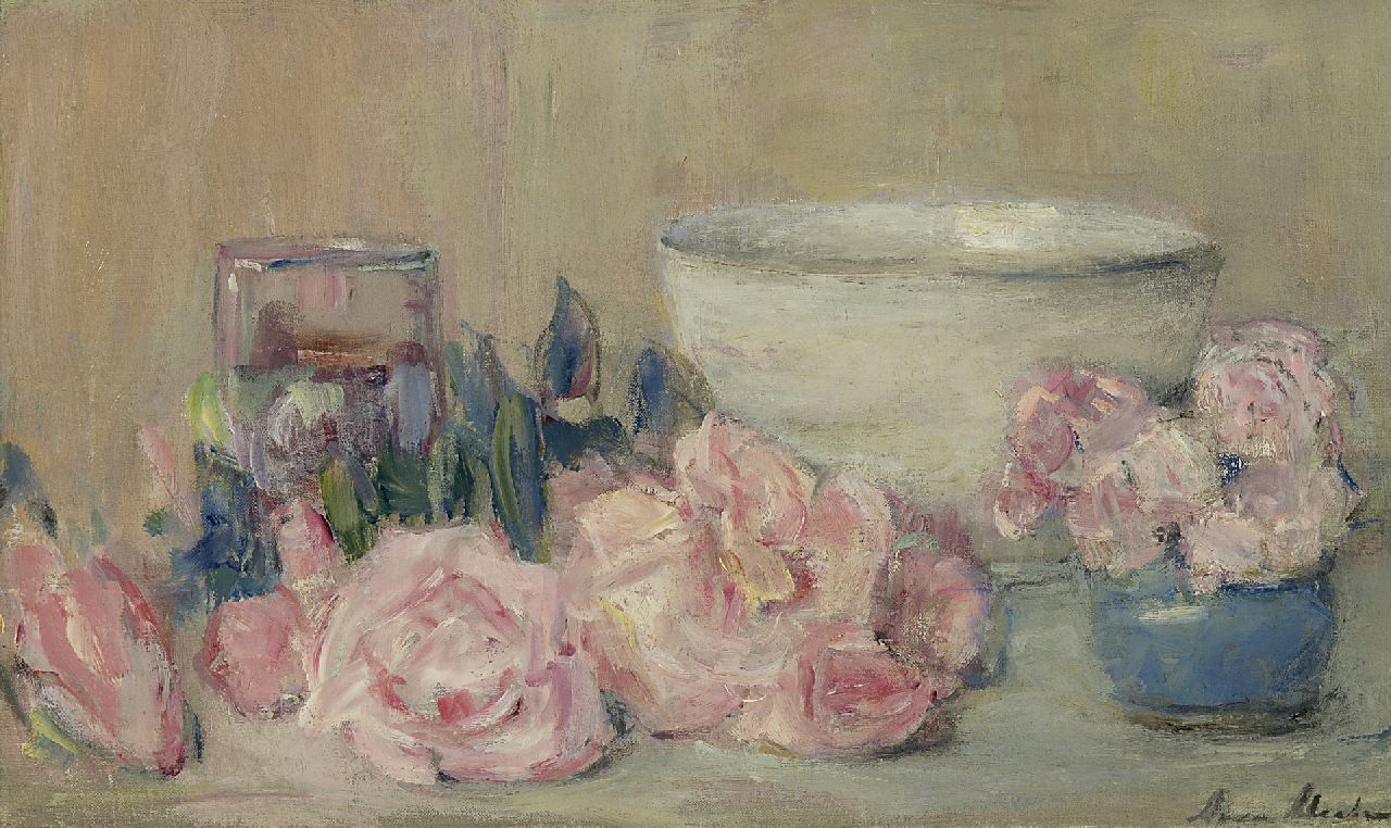 Abrahams A.A.  | Anna Adelaïde Abrahams, Still life with pink roses, Öl auf Leinwand 30,5 x 50,0 cm, signed l.r.
