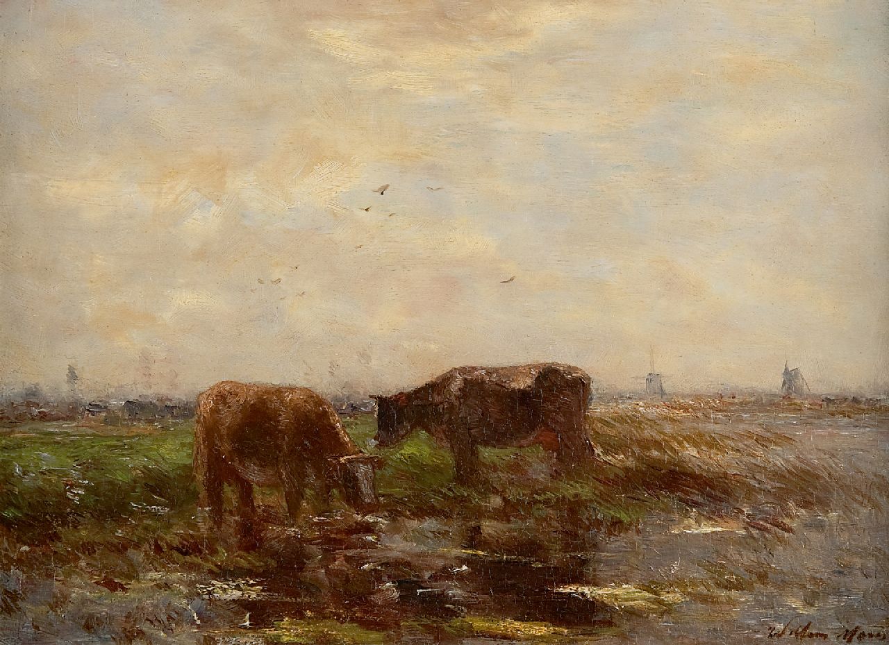 Maris W.  | Willem Maris, Weidende Kühe in Polderlandschaft, Öl auf Holz 24,1 x 32,6 cm, Unterzeichnet r.u.