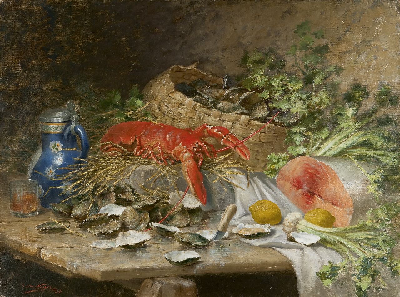 Naeyer C. de | Charles de Naeyer, A still life of a lobster, a salmon and oysters, Öl auf Leinwand 75,4 x 100,6 cm, signed l.l. und dated '94