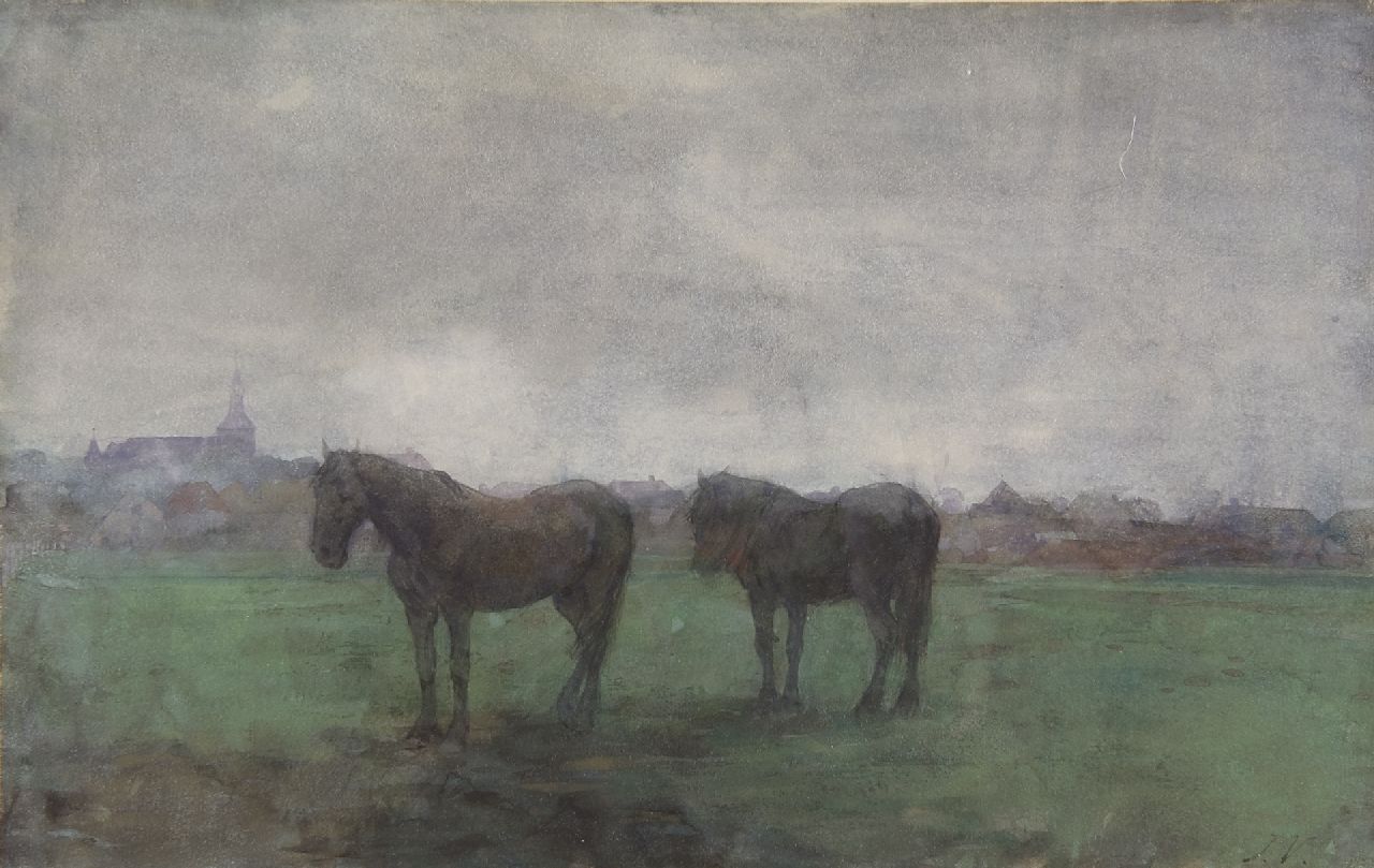 Voerman sr. J.  | Jan Voerman sr., Two horses in a meadow, near Hattem, Aquarell auf Papier 29,6 x 46,8 cm, signed l.r. with initials
