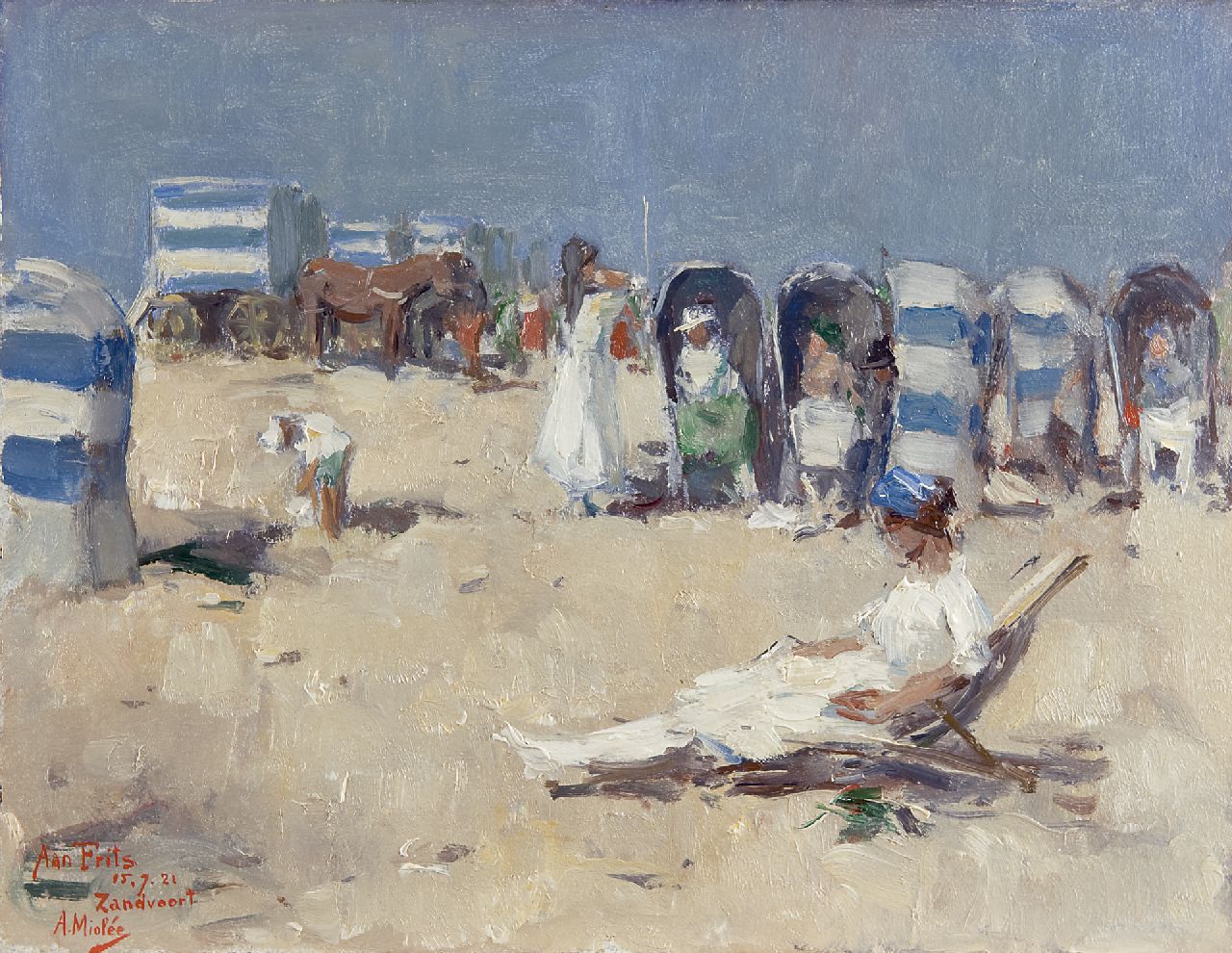 Miolée A.  | Adrianus 'Adriaan' Miolée, A day at the beach, Zandvoort, Öl auf Holzfaser 26,8 x 34,8 cm, signed l.l. und dated 15.7.21