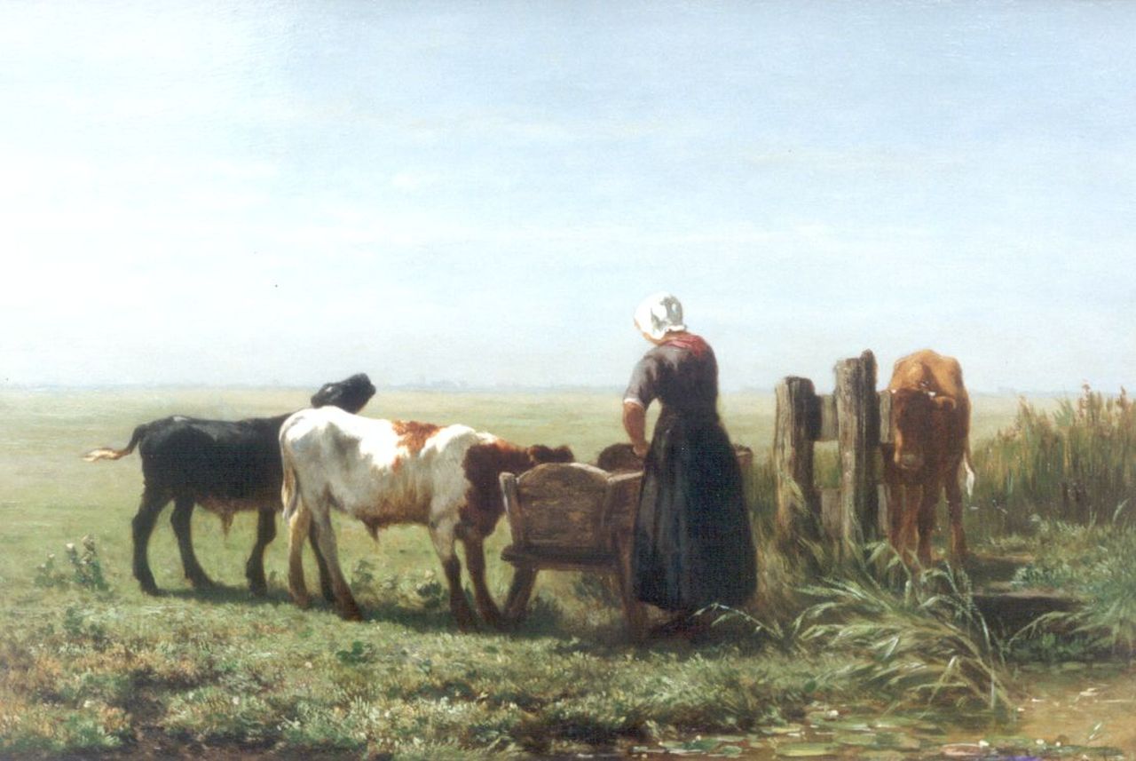 Haas J.H.L. de | Johannes Hubertus Leonardus de Haas, A bull in a meadow, Öl auf Leinwand 35,0 x 50,0 cm