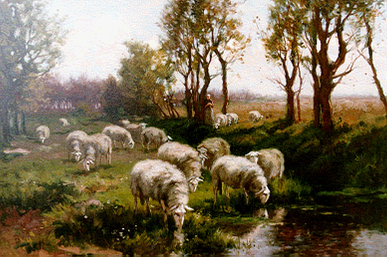 Leurs J.K.   | Johannes Karel Leurs, Shepherdess with flock, Öl auf Leinwand 47,5 x 67,5 cm, signed l.r.