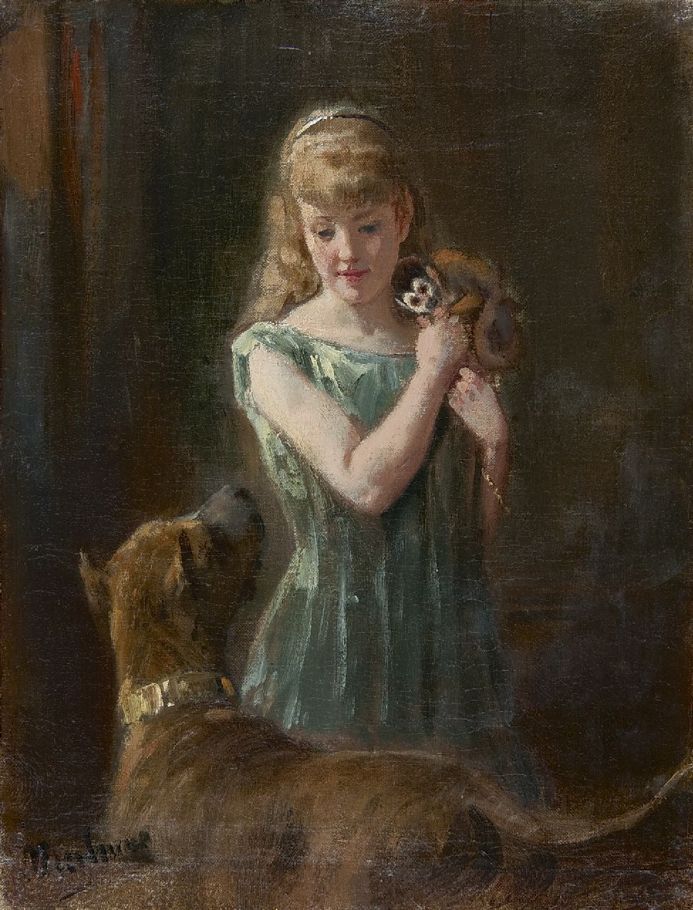 Eerelman O.  | Otto Eerelman, Girl with monkey and dog, Öl auf Leinwand 32,1 x 24,6 cm, signed l.l.
