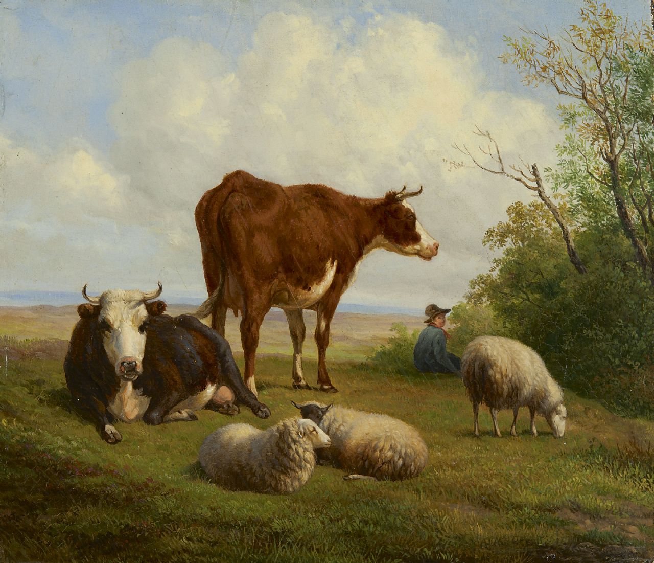 Sande Bakhuyzen H. van de | Hendrikus van de Sande Bakhuyzen, A summer landscape with cowherd and cattle, Öl auf Holz 26,2 x 30,1 cm