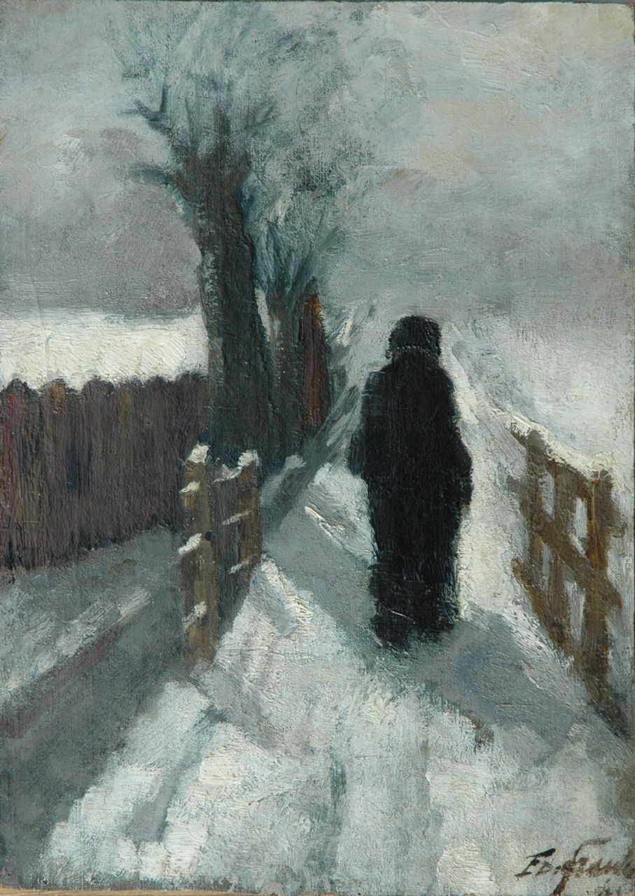 Frankfort E.  | Eduard Frankfort, Figure in the snow, Öl auf Leinwand auf Holz 39,7 x 28,4 cm, signed l.r.