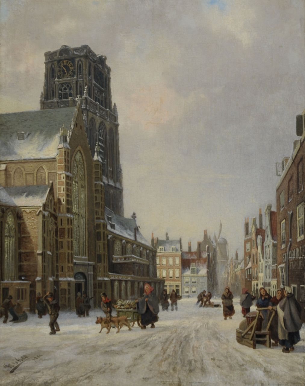 Gulik F.L. van | Franciscus Lodewijk van Gulik, A snowy view of Rotterdam with the Sint-Laurens church and windmill De Noord, Öl auf Holz 40,5 x 32,4 cm, signed l.l. und dated 1882