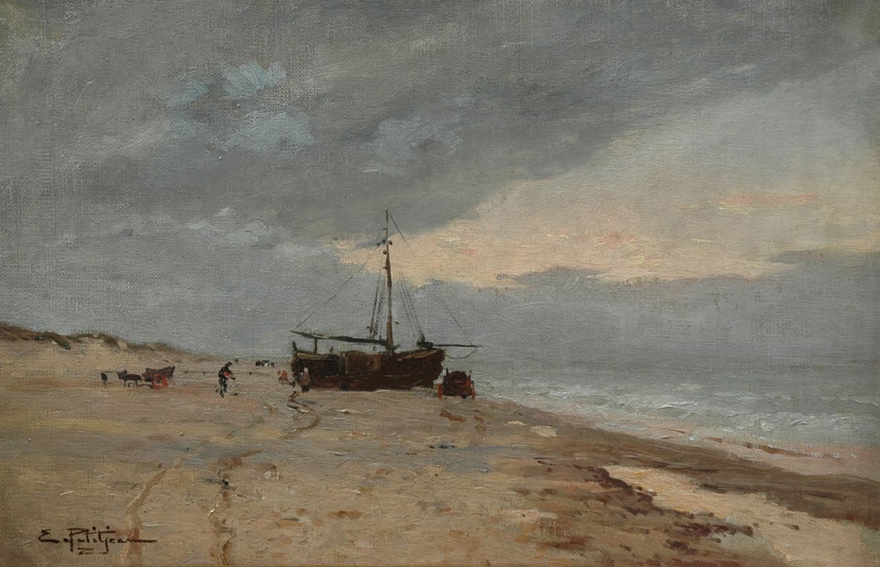 Petitjean E.M.  | Edmond Marie Petitjean, Fishing boats on a Dutch beach at sunset, Öl auf Leinwand 31,0 x 47,0 cm, signed l.l.