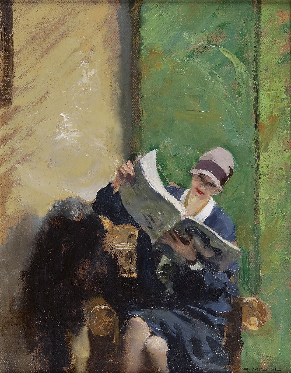 Nissl R.  | Rudolf Nissl, A young woman, reading a magazine  “das neue Journal”, Öl auf Leinwand 45,0 x 35,0 cm, signed l.r.