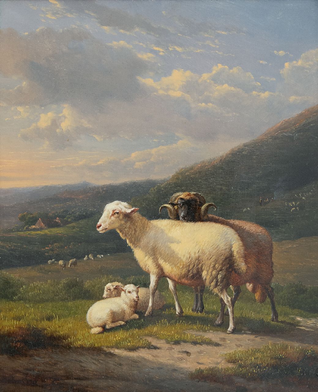 Severdonck F. van | Frans van Severdonck | Gemälde zum Verkauf angeboten | Widder mit Schaf und Lämmern in Hügellandschaft, Öl auf Holz 30,8 x 25,8 cm