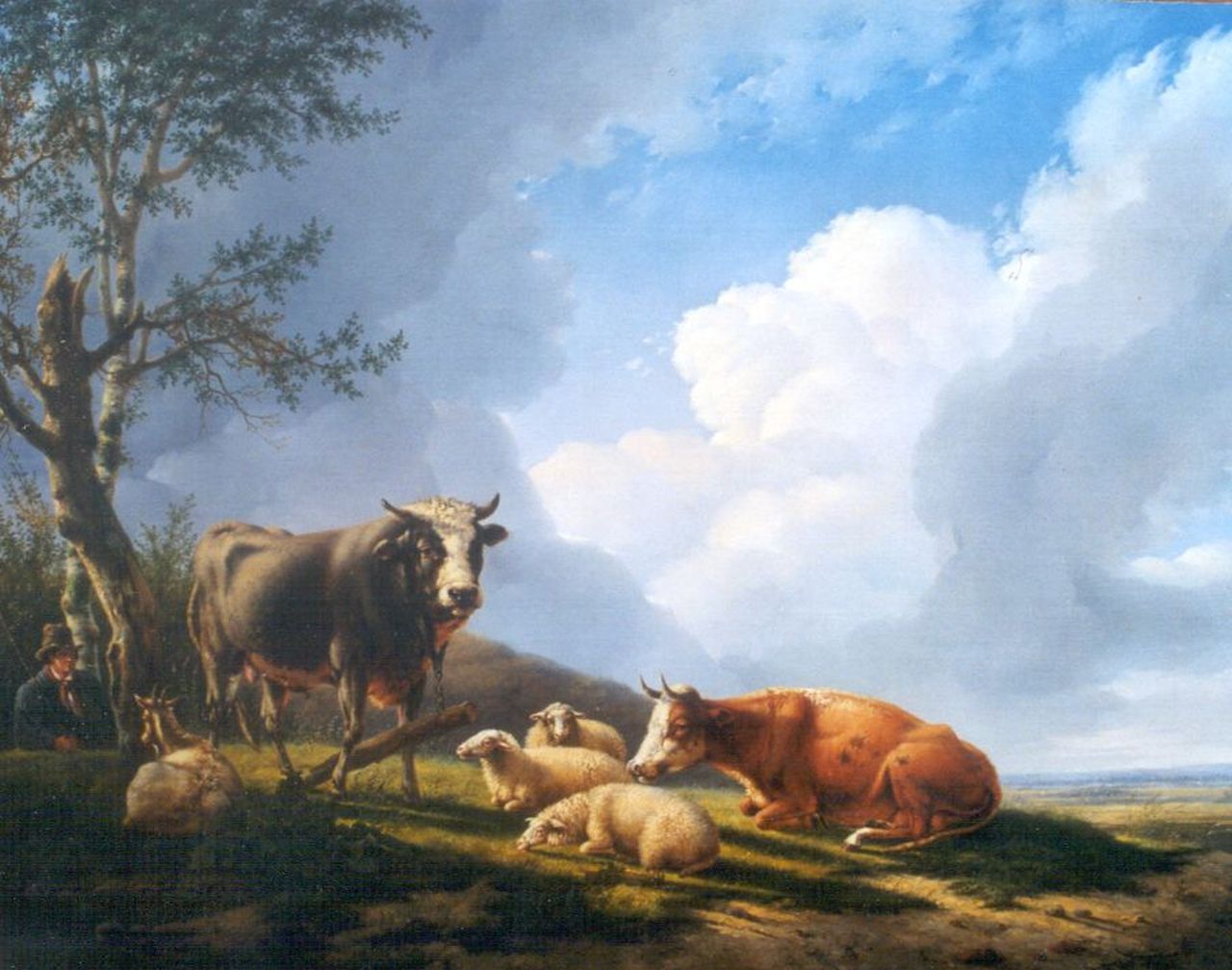 Hagenbeek Ch.  | Charles Hagenbeek, Cows and sheep resting in a summer landscape, Öl auf Leinwand 89,2 x 118,7 cm, signed with monogram on bull and tree trunk