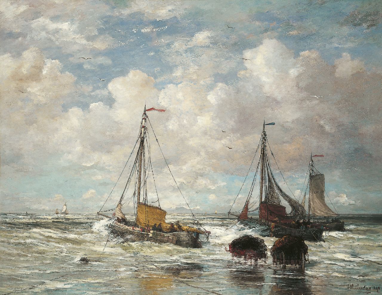 Mesdag H.W.  | Hendrik Willem Mesdag, Abfahrt der Flotte, Scheveningen, Öl auf Leinwand 138,7 x 178,6 cm, Unterzeichnet r.u. und datiert 1890