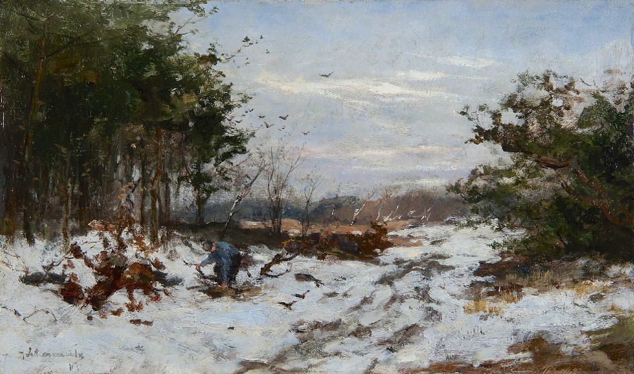 Scherrewitz J.F.C.  | Johan Frederik Cornelis Scherrewitz, Gathering wood in a snowy landscape, Öl auf Holz 24,9 x 42,0 cm, signed l.l.