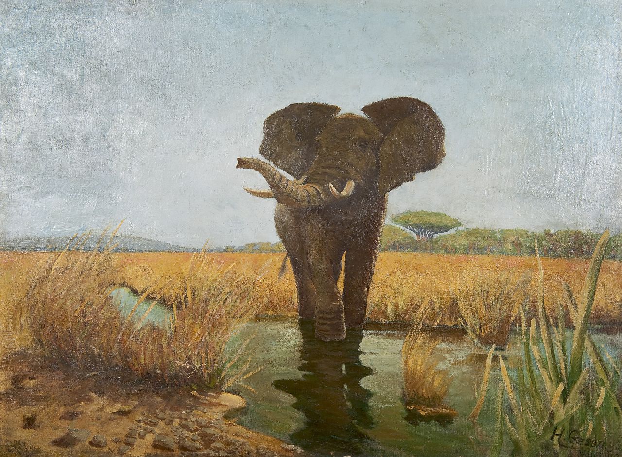 Gezda H.  | H. Gezda, Watender Elefant, Öl auf Leinwand 70,6 x 93,0 cm, Unterzeichnet r.u. und datiert '93  [1893]