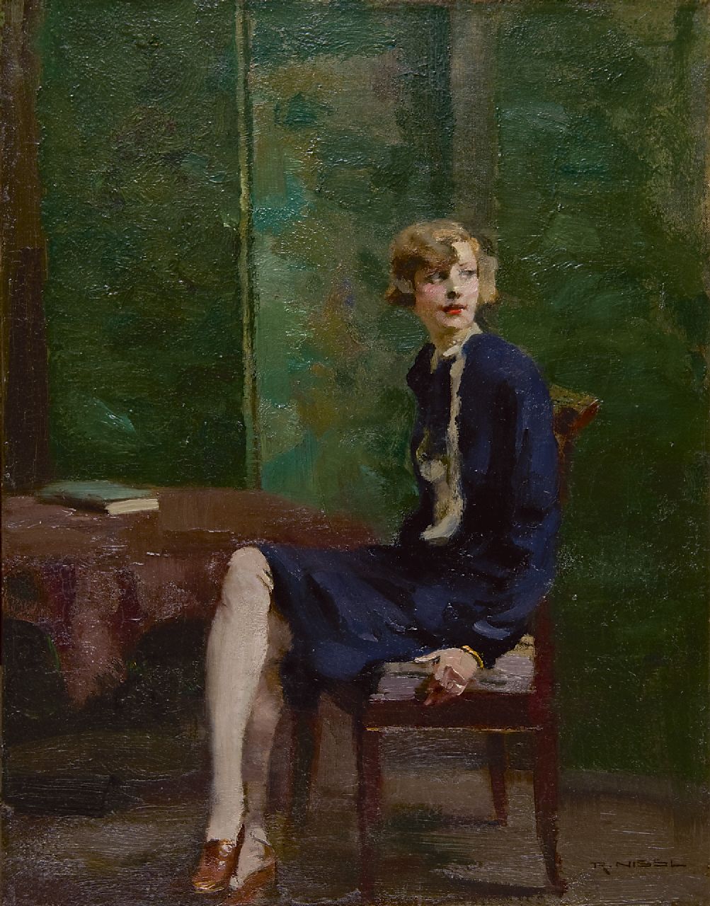 Nissl R.  | Rudolf Nissl, A young woman, seated  'blondes Mädchen', Öl auf Leinwand 45,4 x 35,3 cm, signed l.r.