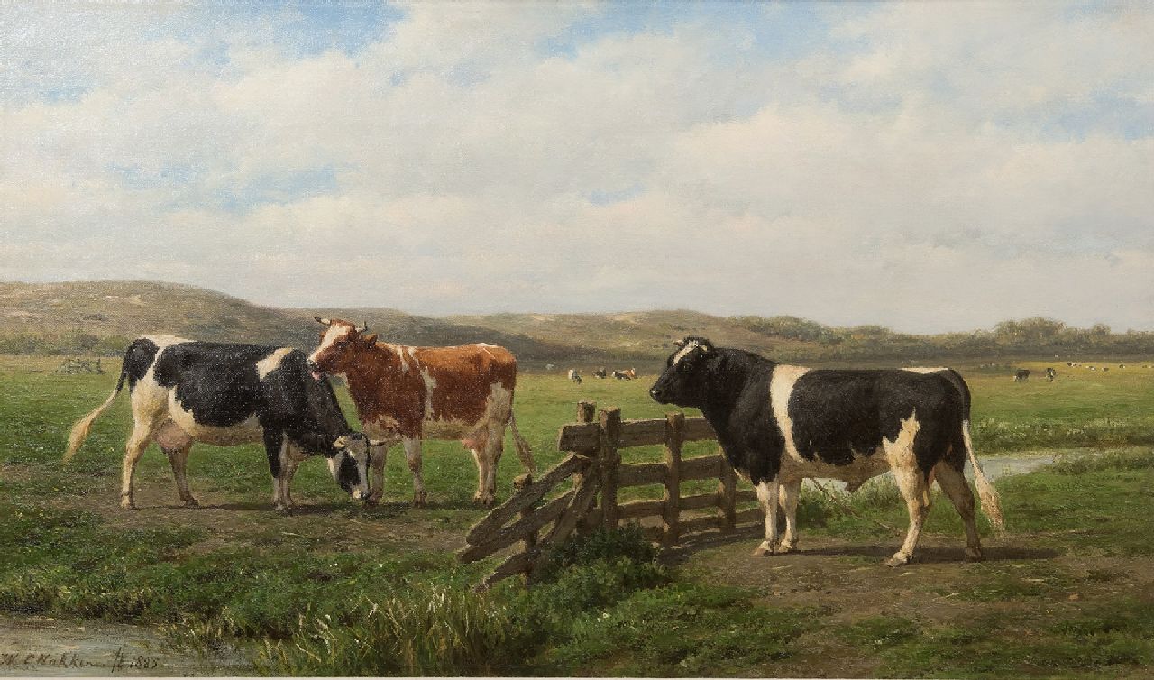 Nakken W.K.  | Willem Karel 'W.C.' Nakken, Kühe und Stier bei einem Zaun, Öl auf Leinwand 42,4 x 72,5 cm, Unterzeichnet l.u. und datiert 1885