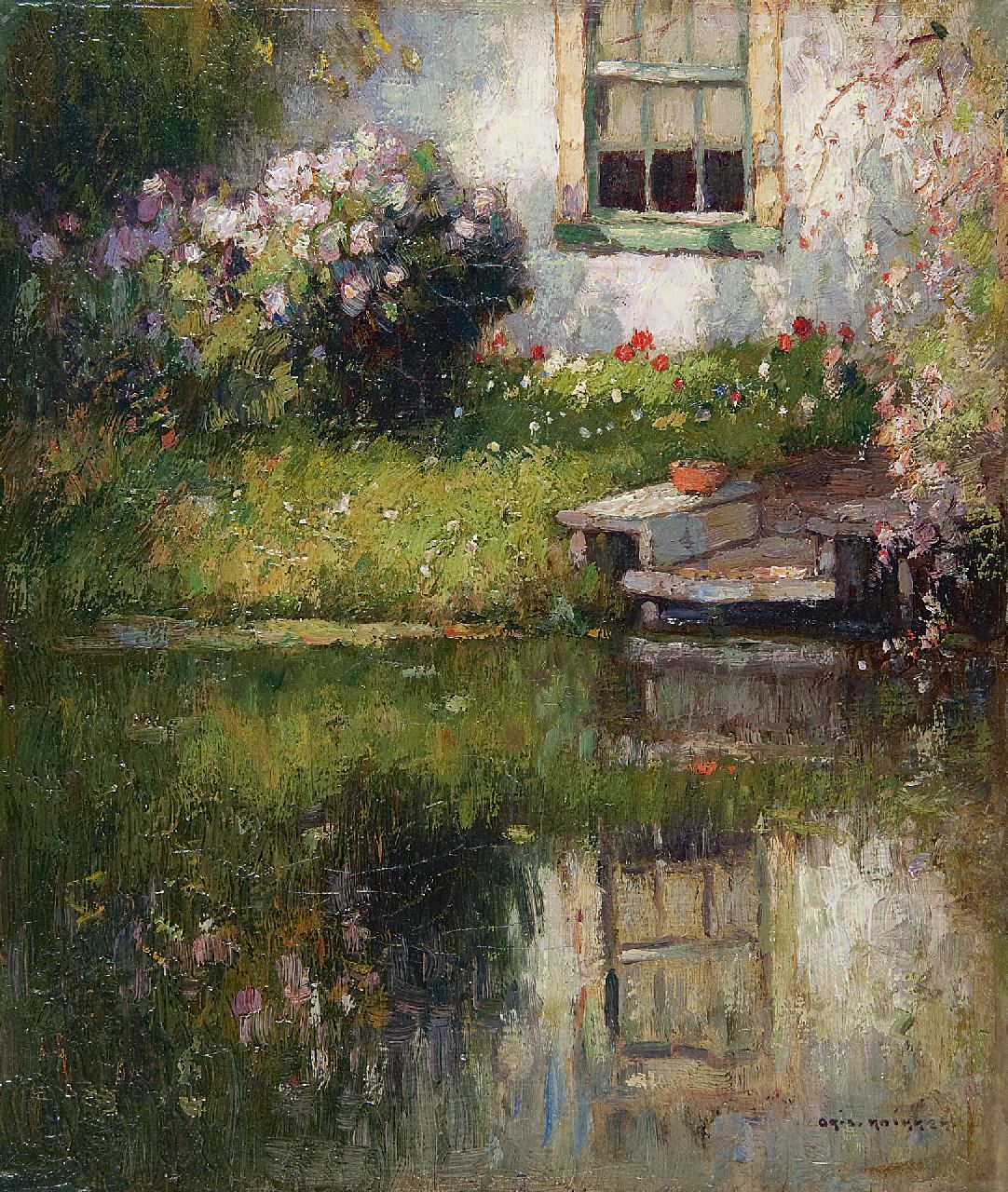 Knikker A.  | Aris Knikker, A sunny terrace near the water, Öl auf Leinwand 32,5 x 27,4 cm, signed l.r.