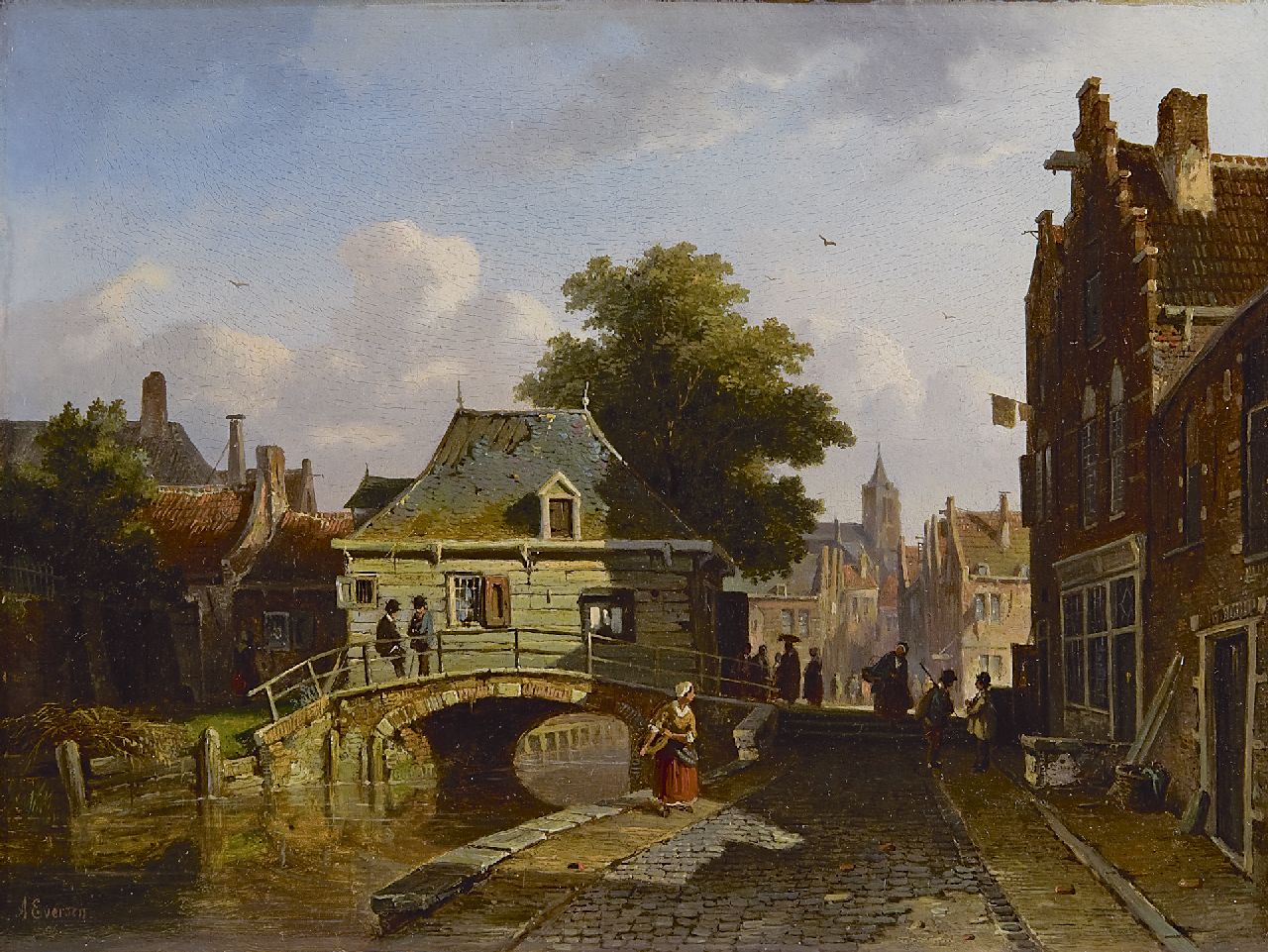 Eversen A.  | Adrianus Eversen, A view of a Dutch town, Öl auf Holz 25,2 x 33,5 cm, signed l.l. und dated '56