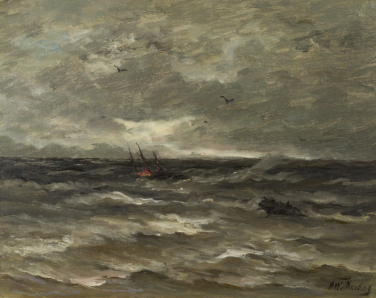 Mesdag H.W.  | Hendrik Willem Mesdag, Brennendes Schiff auf der See, Öl auf Leinwand 40,0 x 50,0 cm, Unterzeichnet r.u.