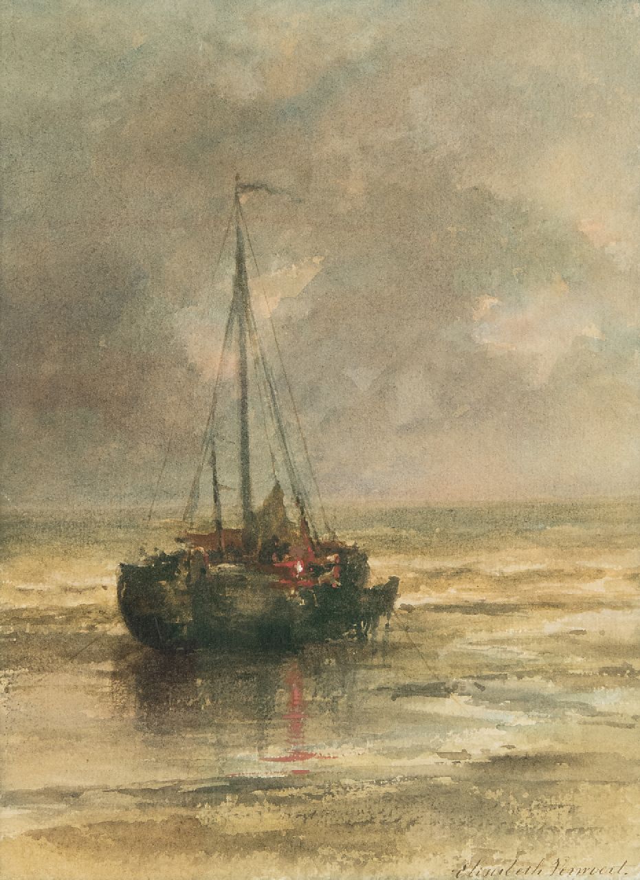 Elisabeth Verwoert | 'Bomschiff' vor Anker am Strand, Aquarell auf Papier, 29,8 x 22,2 cm, Unterzeichnet r.u.