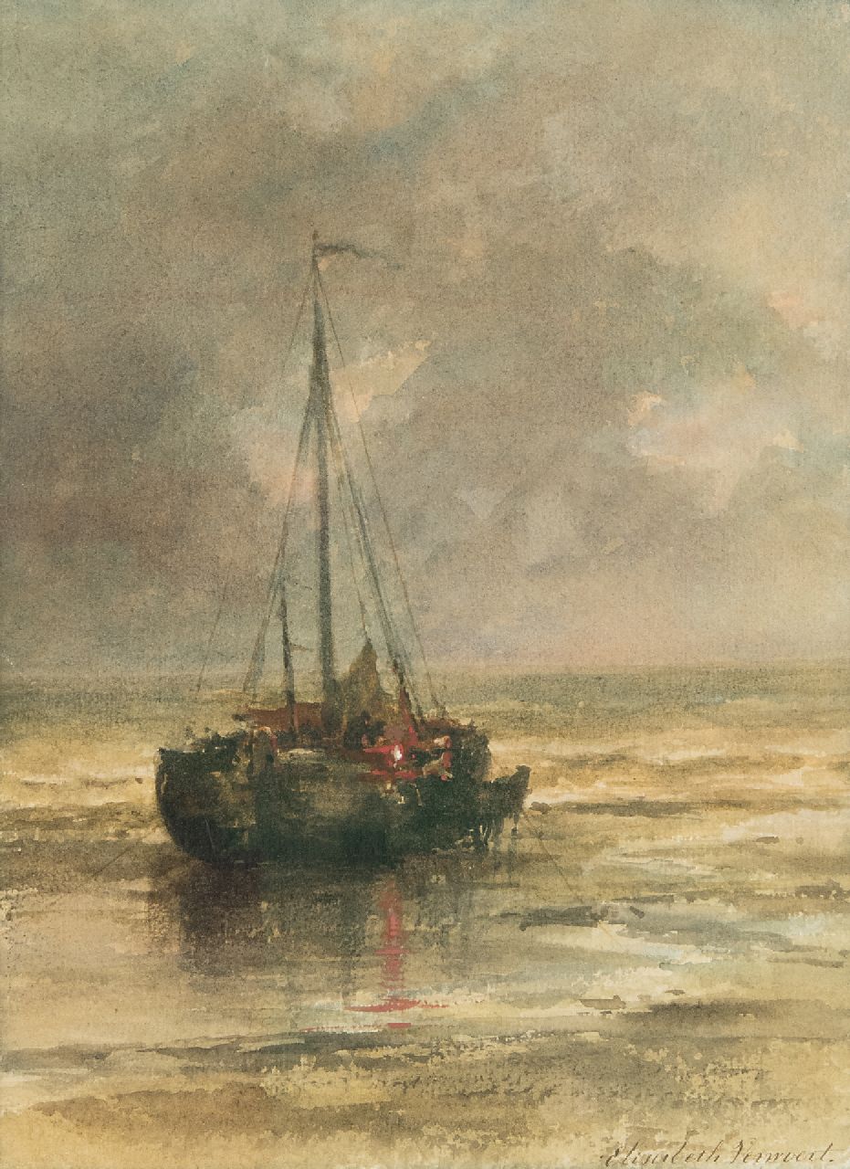 Verwoert M.E.  | Maria 'Elisabeth' Verwoert | Aquarelle und Zeichnungen zum Verkauf angeboten | 'Bomschiff' vor Anker am Strand, Aquarell auf Papier 29,8 x 22,2 cm, Unterzeichnet r.u.