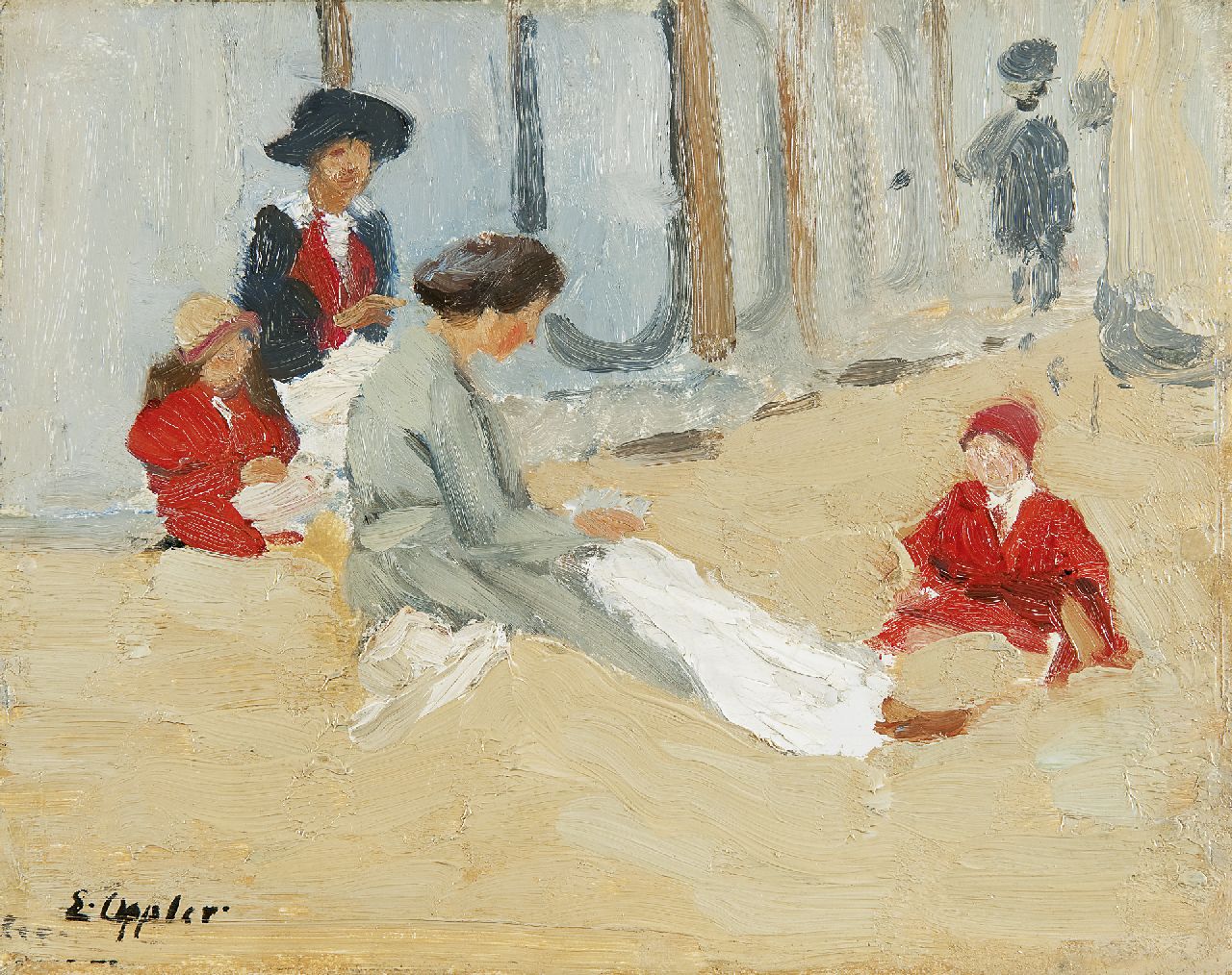 Oppler E.  | Ernst Oppler, Women and childeren on the beach at Dieppe, Öl auf Holz 23,5 x 29,3 cm, signed l.l. und painted ca. 1910-1912