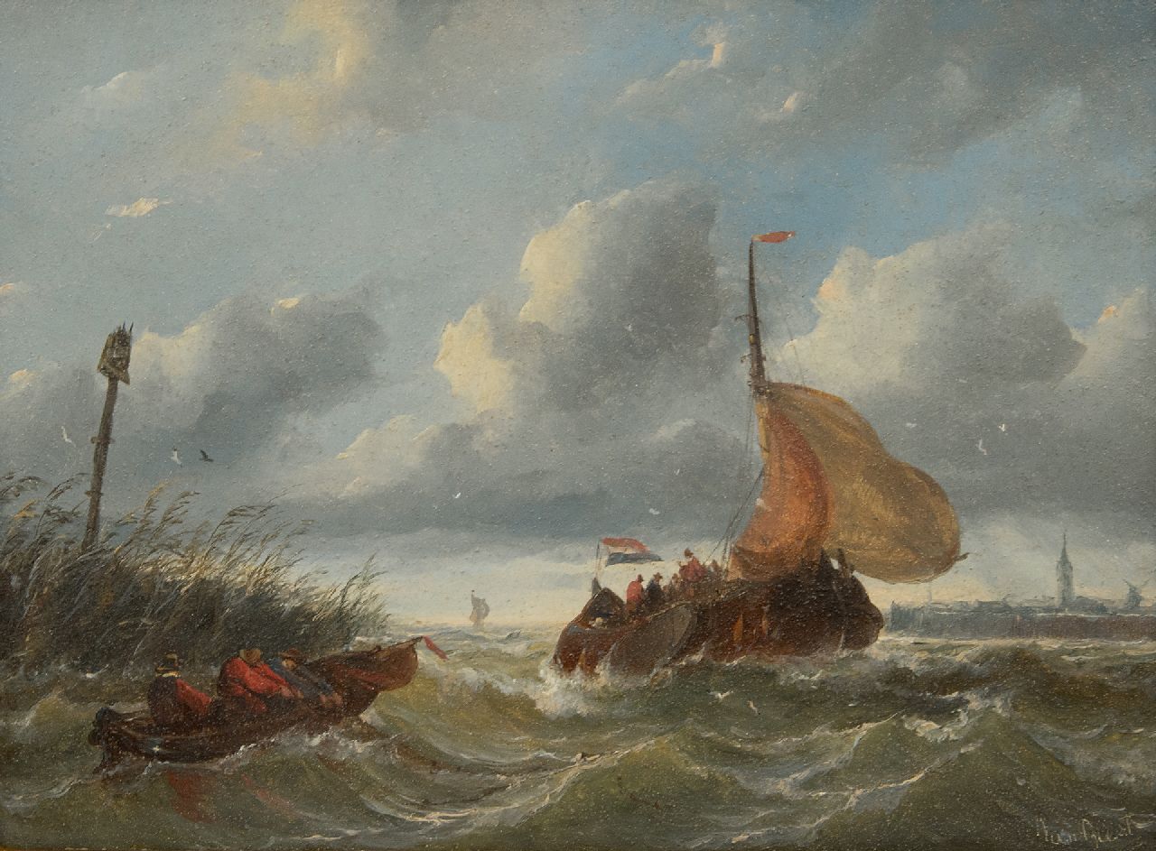 Albertus van Beest | Bojer bei der stürmischen Hafeneinfahrt, Öl auf Holz, 23,5 x 33,6 cm, Unterzeichnet r.u.