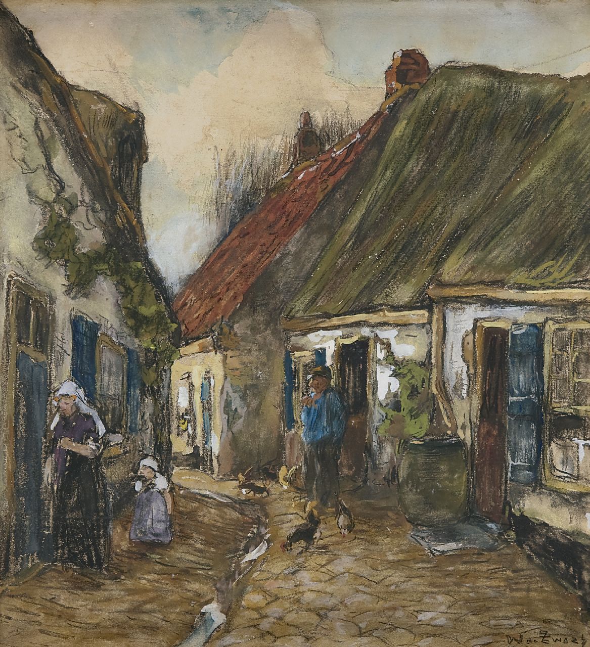 Zwart W.H.P.J. de | Wilhelmus Hendrikus Petrus Johannes 'Willem' de Zwart, A village street, Holzkohle, Aquarell und Gouache auf Papier 28,0 x 30,6 cm, signed l.r.