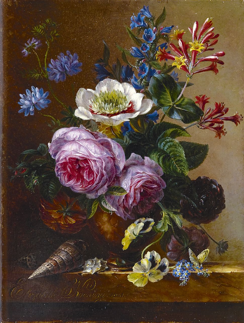Koning E.J.  | Elisabeth Johanna Koning, An exuberant flower still life on a marble ledge, Öl auf Holz 35,1 x 26,7 cm, signed l.l. und dated 1841