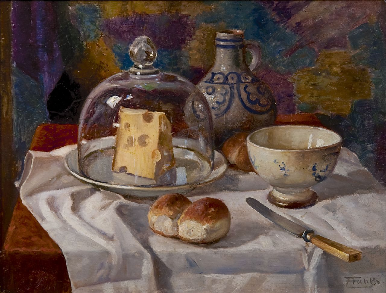Anton Funke | A still life with a cheese cover, a bowl and rolls, Öl auf Papier auf Holz, 18,6 x 24,3 cm, signed l.r.