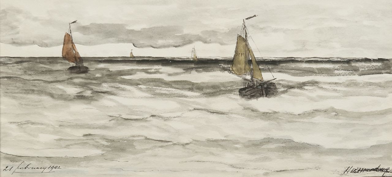 Mesdag H.W.  | Hendrik Willem Mesdag, Zurückkehrende 'Bom'schiffe, Feder und Tinte und Aquarell auf Papier 20,6 x 43,2 cm, Unterzeichnet r.u. und datiert 21. Februar 1902