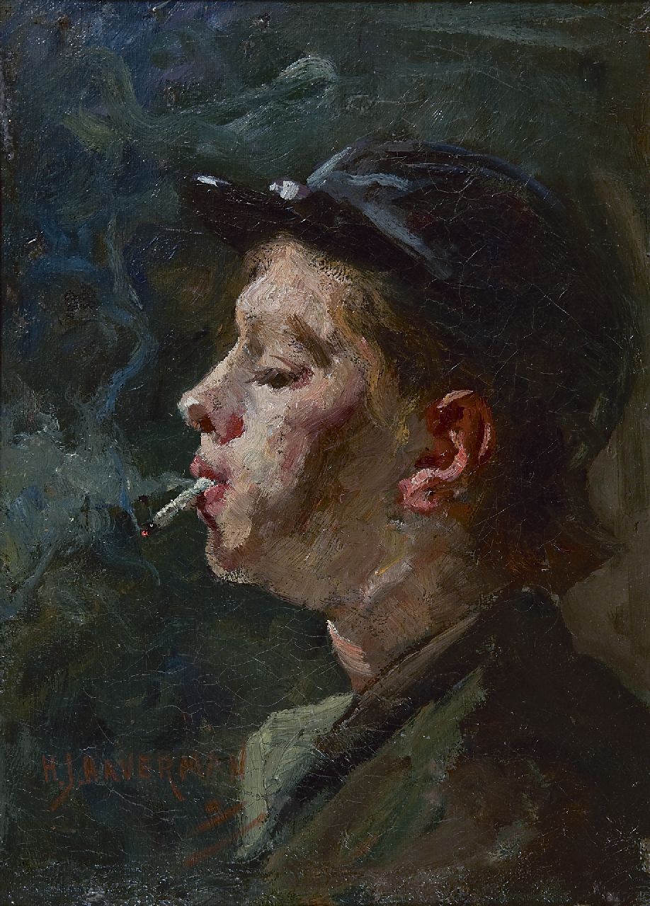 Haverman H.J.  | Hendrik Johannes Haverman | Gemälde zum Verkauf angeboten | Ein rauchender Junge, Öl auf Leinwand 35,3 x 25,7 cm, Unterzeichnet l.u.