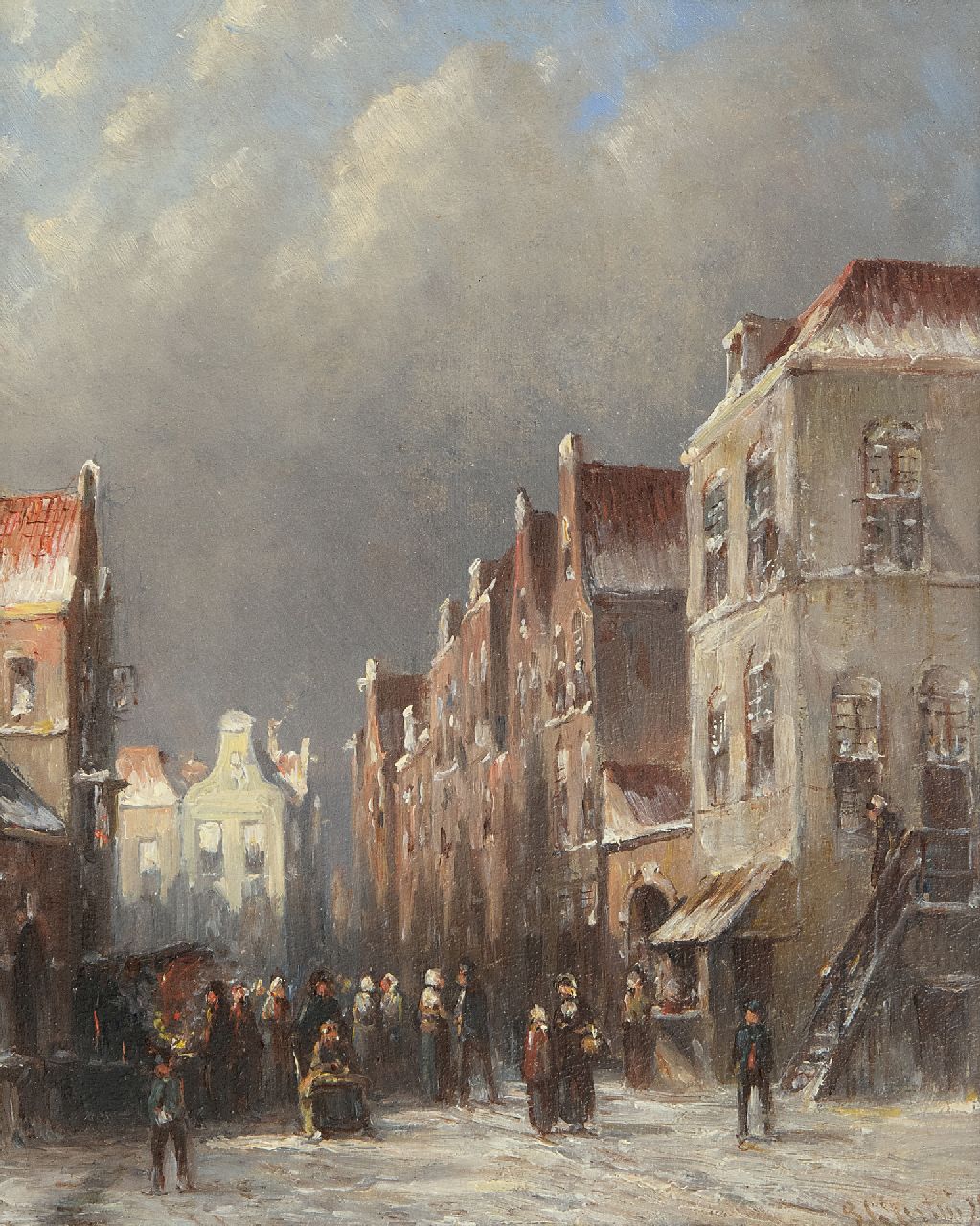 Vertin P.G.  | Petrus Gerardus Vertin | Gemälde zum Verkauf angeboten | Belebte Gasse im Winter mit Figuren bei einer Bude, Öl auf Holz 22,1 x 17,7 cm, Unterzeichnet r.u. und datiert '92