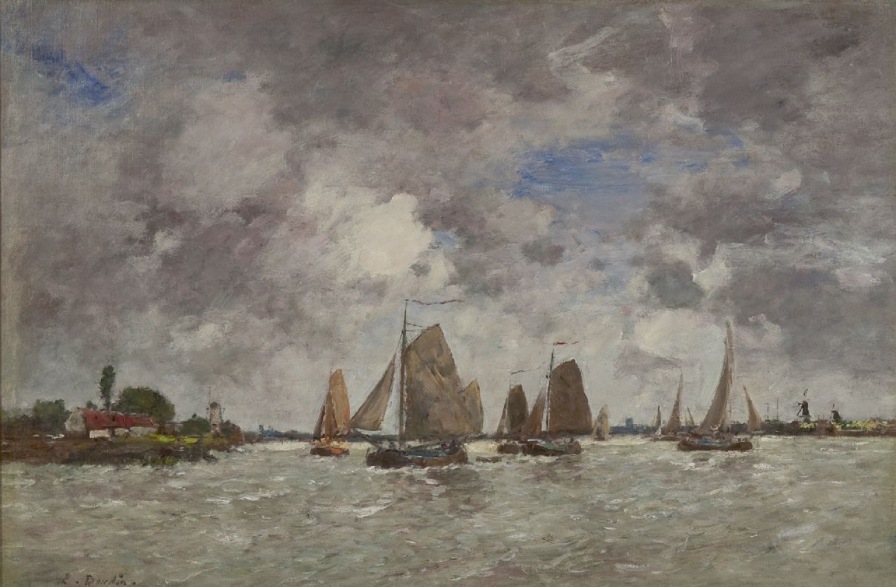 Boudin E.L.  | 'Eugène' Louis Boudin, Segelschiffe auf der Maas, Öl auf Leinwand 49,7 x 74,2 cm, Unterzeichnet l.u.