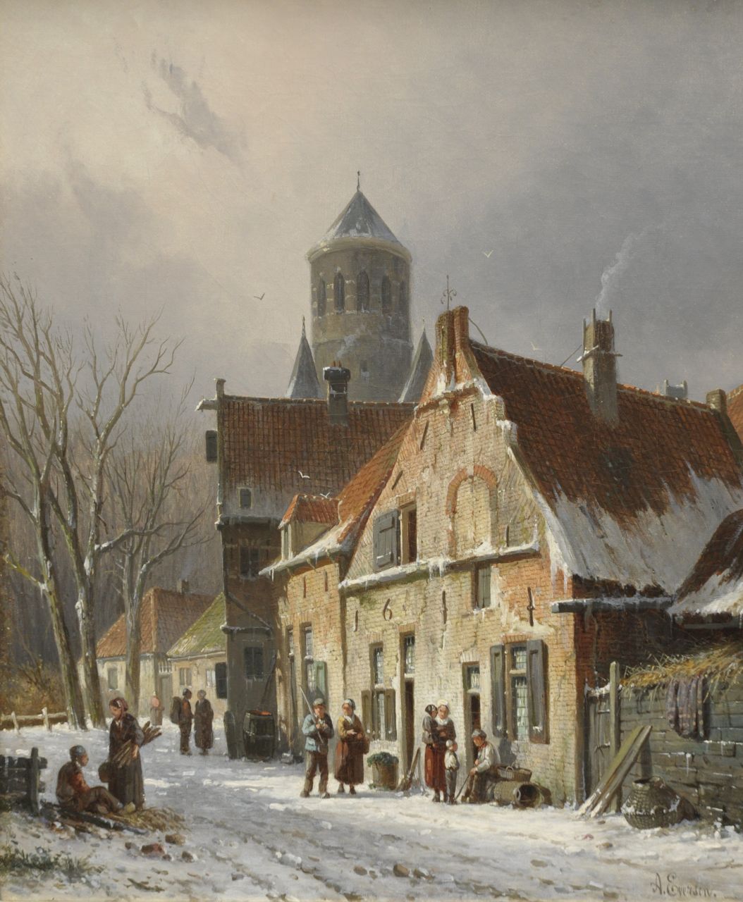 Eversen A.  | Adrianus Eversen, A village street in winter, Öl auf Leinwand 44,7 x 36,7 cm, signed l.r.