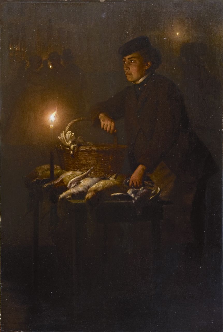 Schendel P. van | Petrus van Schendel, Wildverkäuferin auf dem Groenmarkt im Haag, am Abend (Gegenstück von 'Bei dem Wildstall'), Öl auf Holz 45,0 x 30,3 cm, Unterzeichnet r.u.( unklar) und zu datieren um 1868