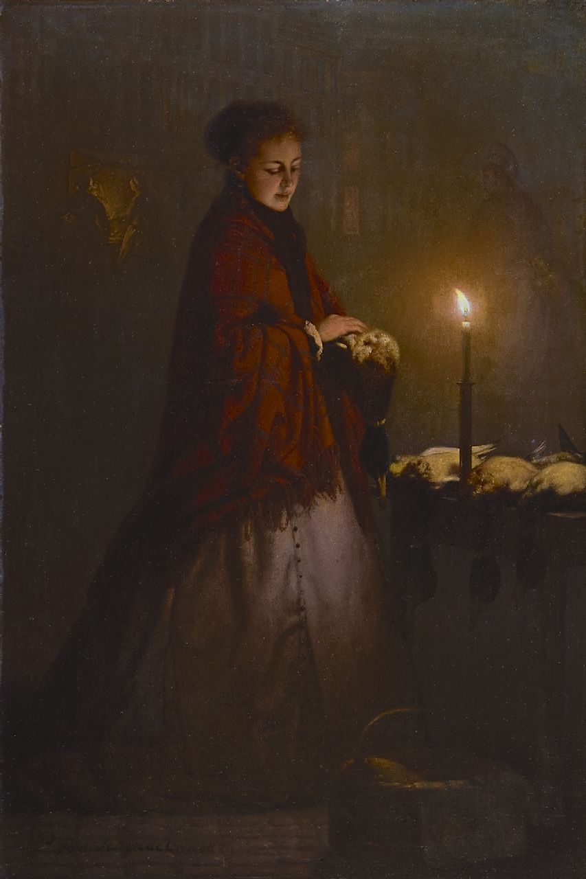 Schendel P. van | Petrus van Schendel, Beim Wildstall auf dem Groenmarkt im Haag (Gegenstück von 'Wildverkäufer'), Öl auf Holz 45,0 x 30,3 cm, Unterzeichnet l.u. und datiert 1868