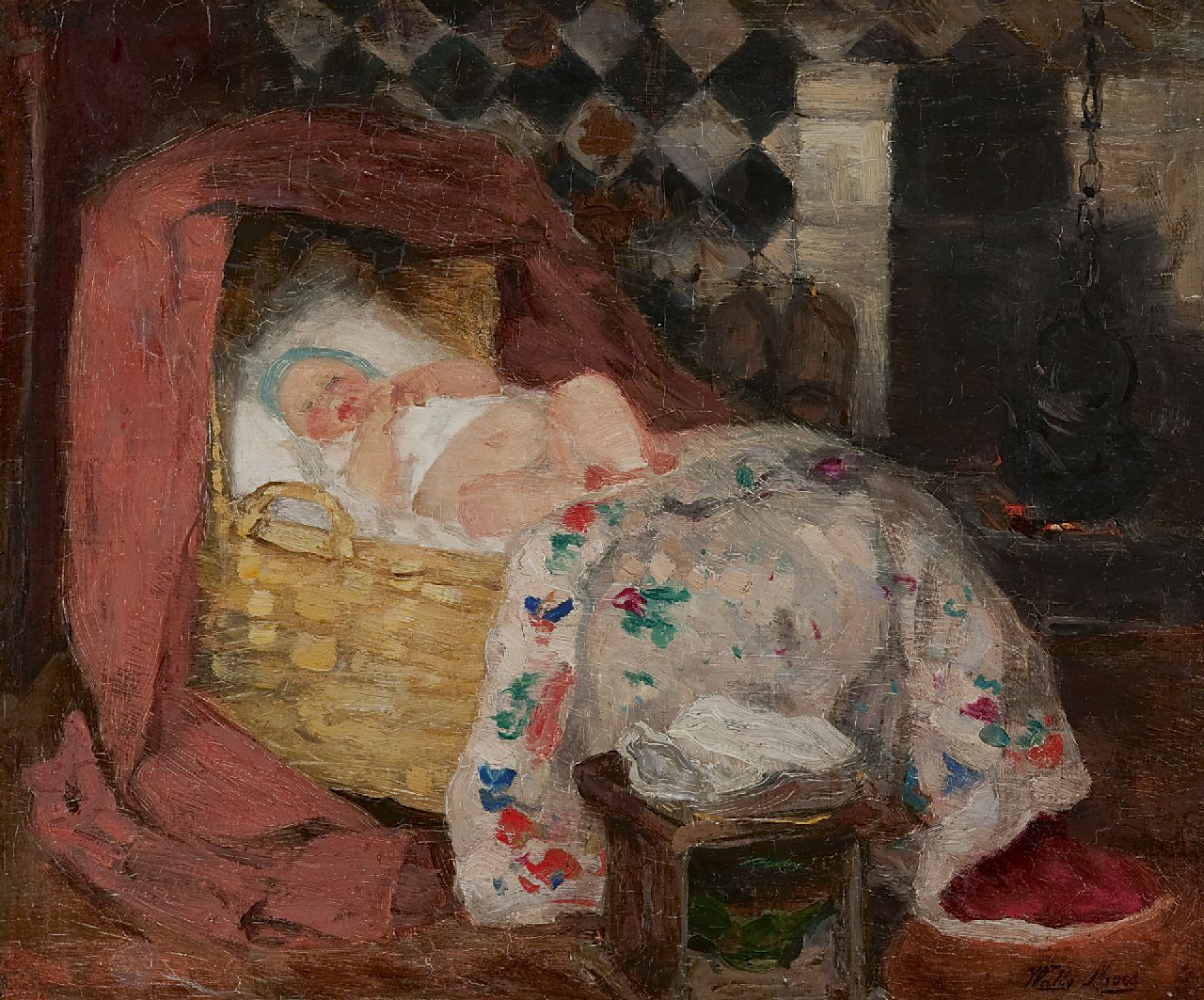 Wally Moes | Larener Innenraum mit Baby in der Wiege, Öl auf Leinwand, 34,7 x 41,3 cm, Unterzeichnet r.u.