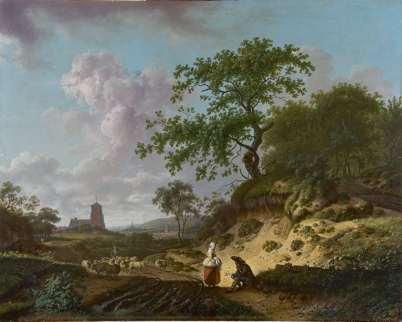 Schweickhardt H.W.  | Heinrich Wilhelm Schweickhardt, A wooded landscape with landfolk and a drover with his herd, Öl auf Holz 50,6 x 63,8 cm, signed l.l.