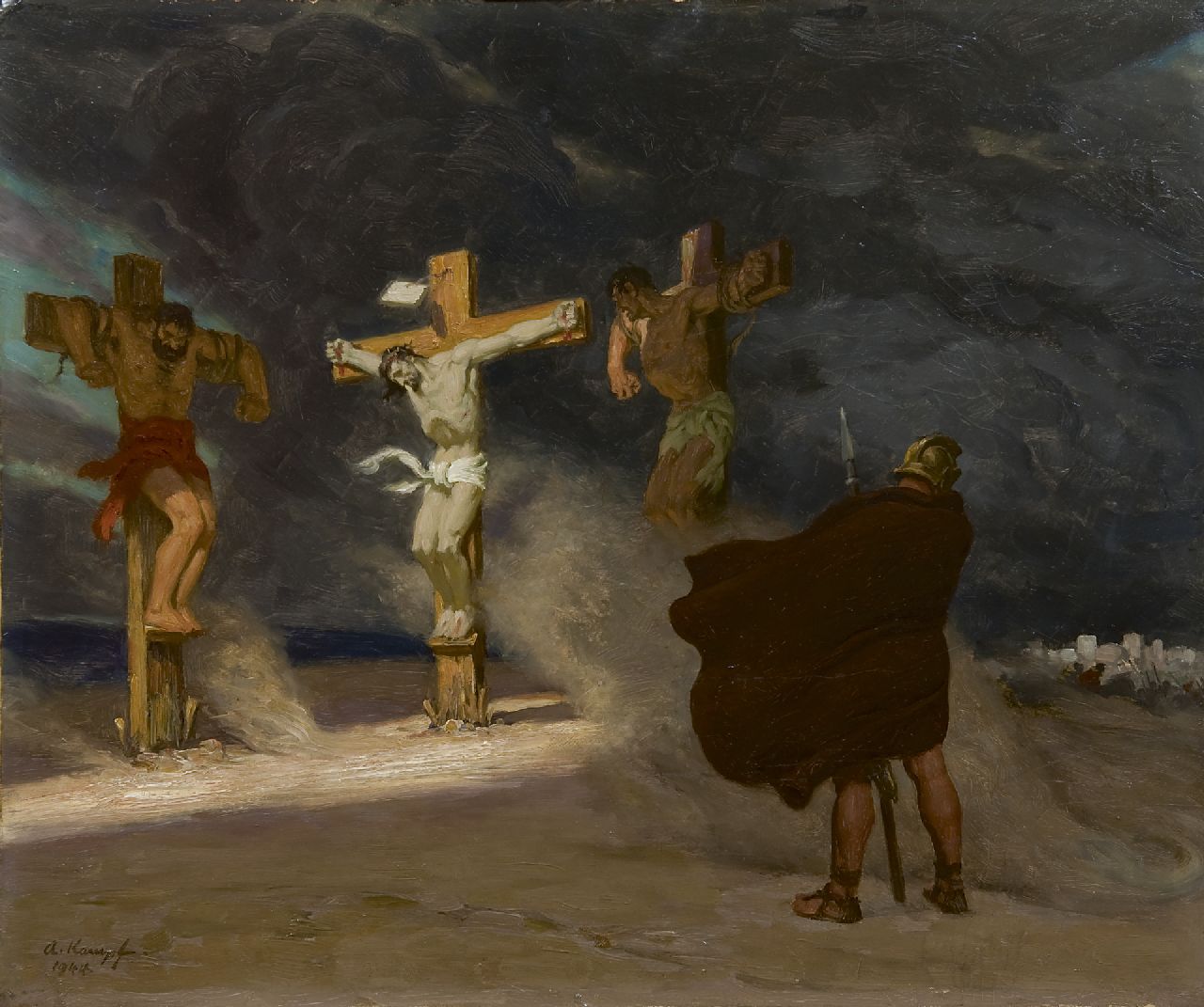 Kampf E.P.A.  | Egbert Paul 'Arthur' Kampf, Golgotha, Öl auf Holzfaser 50,1 x 60,0 cm, Unterzeichnet l.u. und datiert 1944