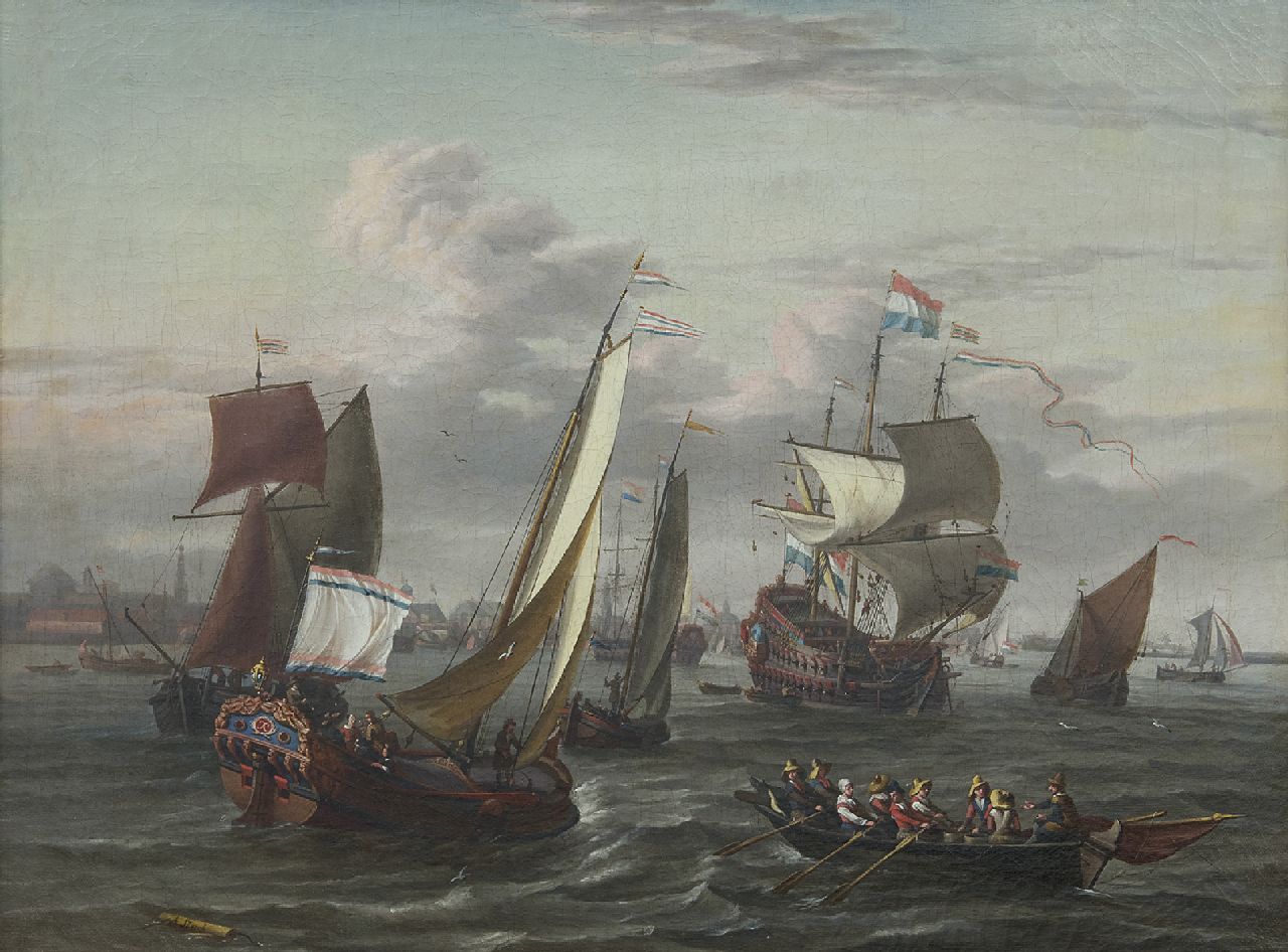Blaauw J. de | Johannis de Blaauw, Schiffe auf der IJ bei Amsterdam, Öl auf Leinwand 48,3 x 64,5 cm