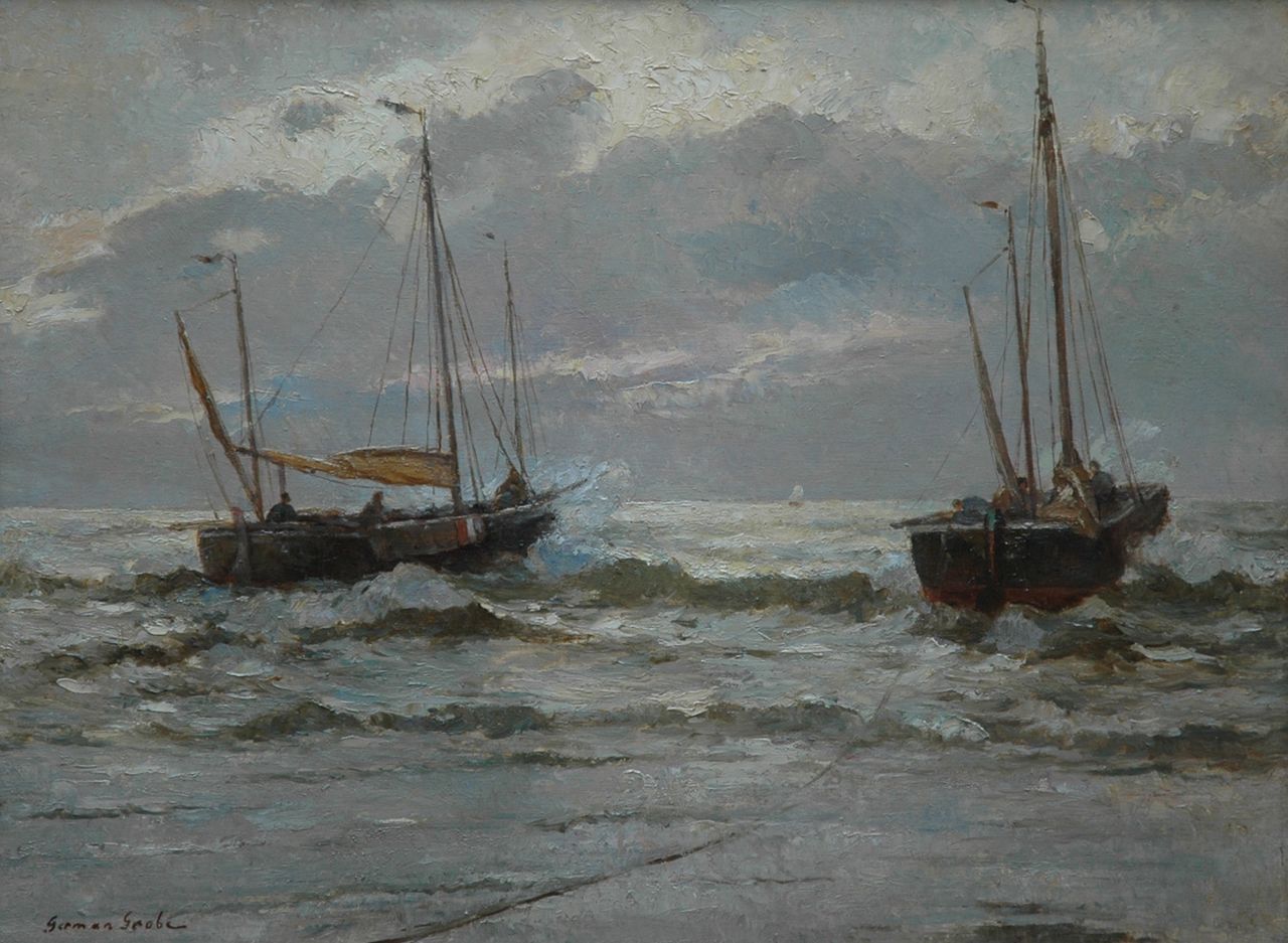 Grobe P.G.  | Philipp 'German' Grobe, Fishing boats setting sail at sunset, Öl auf Leinwand 60,0 x 80,3 cm, signed l.l.