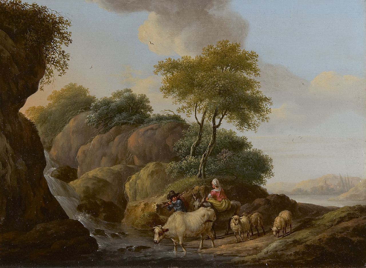 Dongen D. van | Dionys van Dongen, Landscape with shepherds and cattle, Öl auf Holz 22,5 x 30,3 cm, signed l.r. und dated 1779