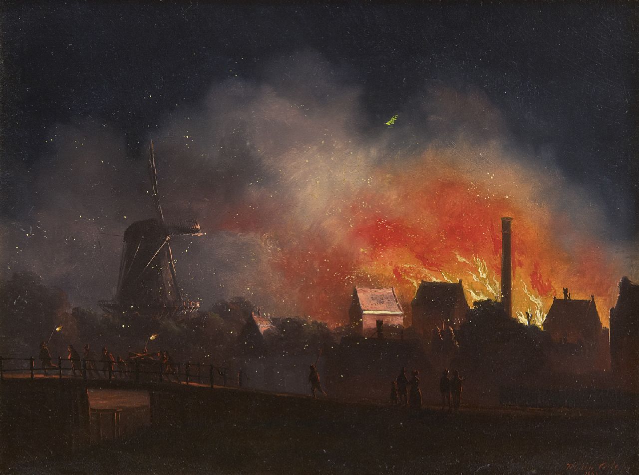 Cate H.G. ten | Hendrik Gerrit ten Cate, Brand in der Nacht (möglich der Zuckerrafinnerie J.H. Rupe & Zn in Amsterdam, 19 Oktober 1845), Öl auf Holz 21,0 x 27,7 cm, Unterzeichnet r.u. und datiert 1849