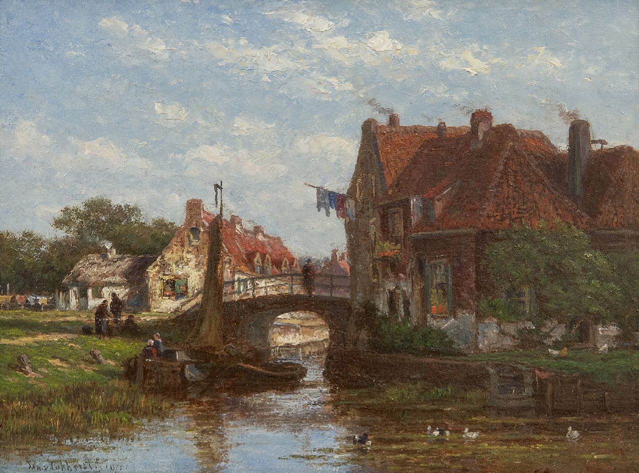 Lokhorst J.N. van | Johan Nicolaas 'Jan' van Lokhorst | Gemälde zum Verkauf angeboten | Dorfkanal mit angelegten Booten, Öl auf Holz 17,9 x 23,9 cm, Unterzeichnet l.u. und datiert 1870