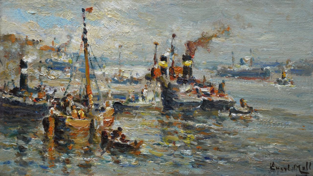 Moll E.  | Evert Moll, A harbour view with tugs, Öl auf Leinwand 20,5 x 35,2 cm, signed l.r.