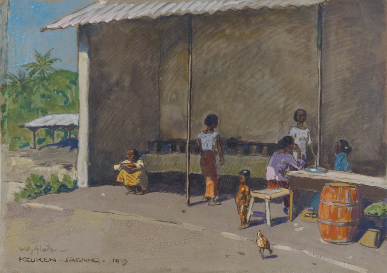 Sluiter J.W.  | Jan Willem 'Willy' Sluiter, A kitchen in Sabang, Holzkohle und Aquarell auf Papier 23,8 x 33,2 cm, signed l.l. und dated 1923