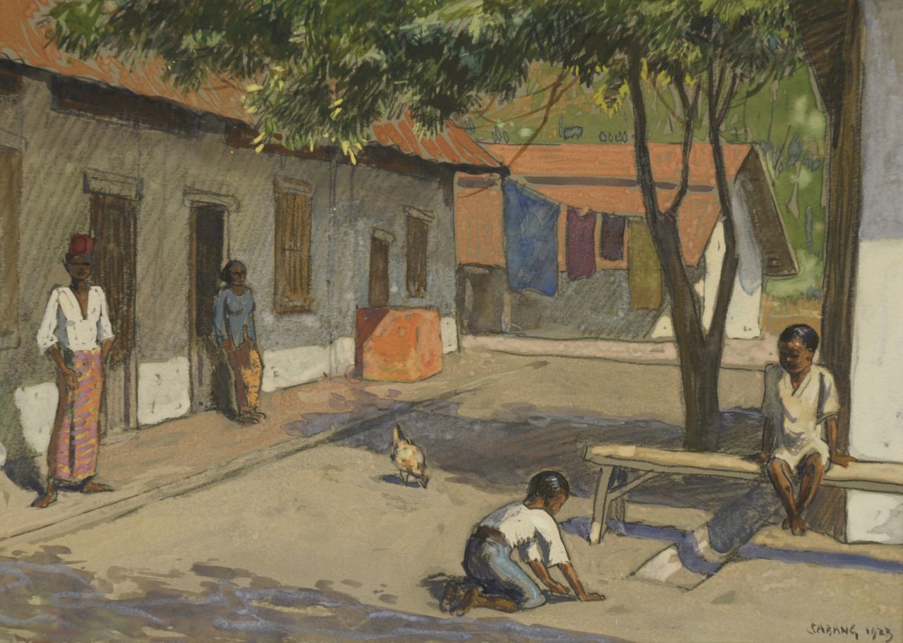 Sluiter J.W.  | Jan Willem 'Willy' Sluiter, A street in Sabang, Holzkohle und Aquarell auf Papier 24,0 x 34,3 cm, dated 'Sabang' 1923 r.o.