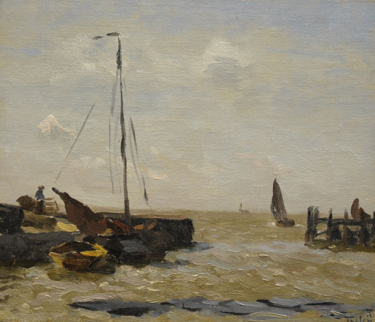 Tholen W.B.  | Willem Bastiaan Tholen, Harbour along the Zuiderzee, Öl auf Leinwand auf Holz 27,5 x 32,1 cm, signed l.r.