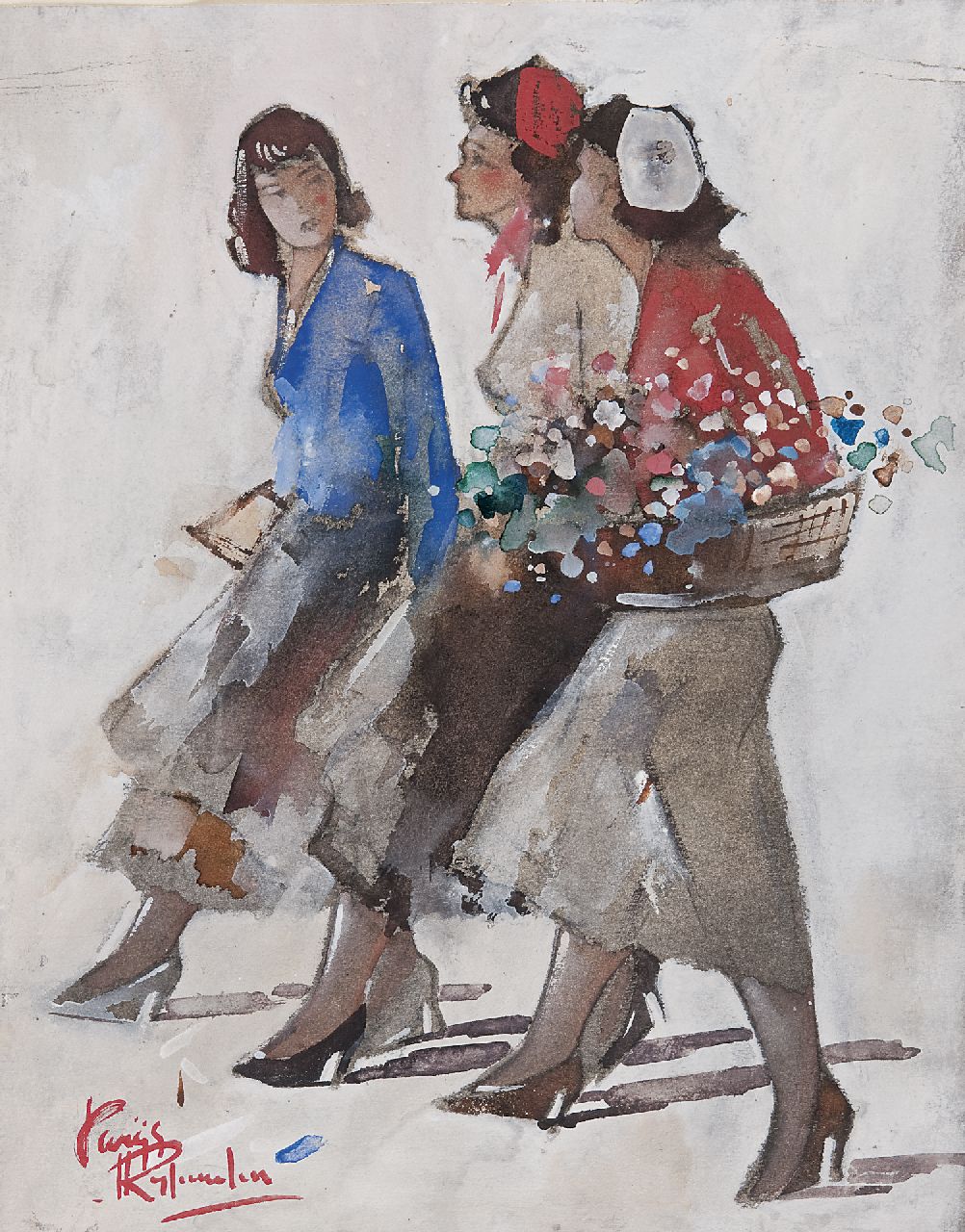 Rijlaarsdam J.  | Jan Rijlaarsdam, Three young women, Paris, Gouache auf Papier 34,1 x 26,9 cm, signed l.l.